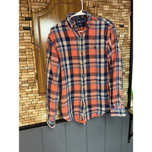 Ralph Lauren Polo Shirt Mens Orange Blue Plaid Flannel Mountain Equipment Logo S